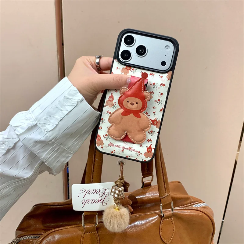 

2026New Kawaii Cartoon Phone Case Little Bear For iPhone 17 Pro 16 15 14 Pro Max Back Cover with Hand Rope Cloth Fabric Cases