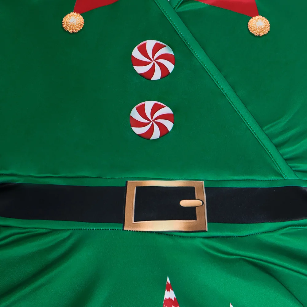 Weihnachts-Elfenkostüm für Damen, kurzärmelig, V-Ausschnitt, Taillengürtel, bedruckter ausgestellter Rock, Weihnachtsfeier, festliches Party-Cosplay-Kleid, Outfit 2026 – Detail 15