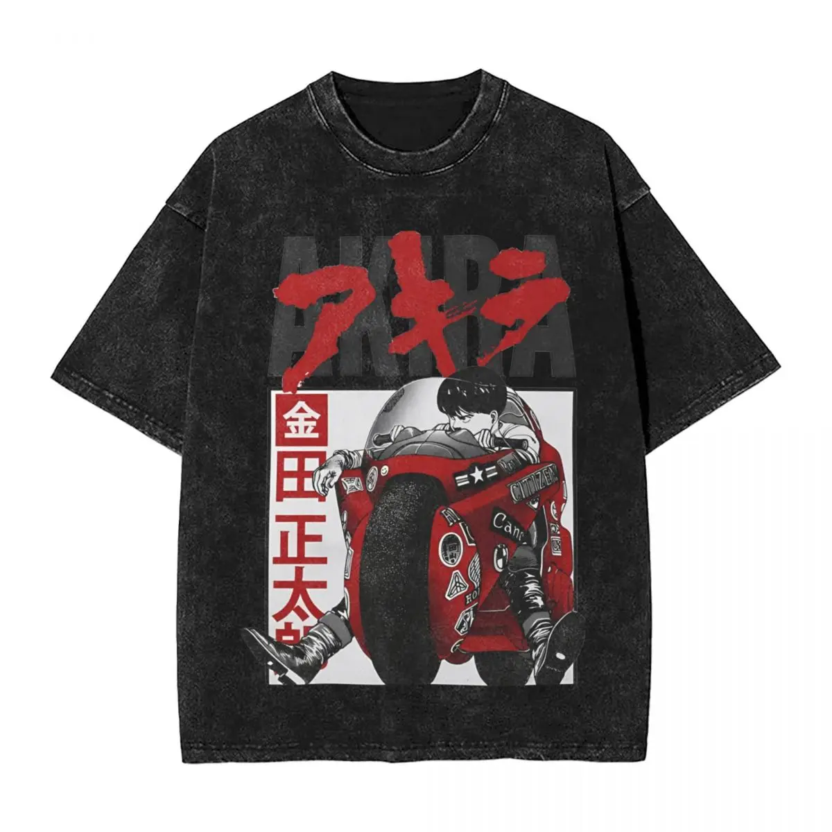 Shotaro Kaneda Japanese Anime Motorcycle Washed T Shirts Streetwear Hip Hop Casual T-Shirts Akira Tee Short Sleeve Street Summer