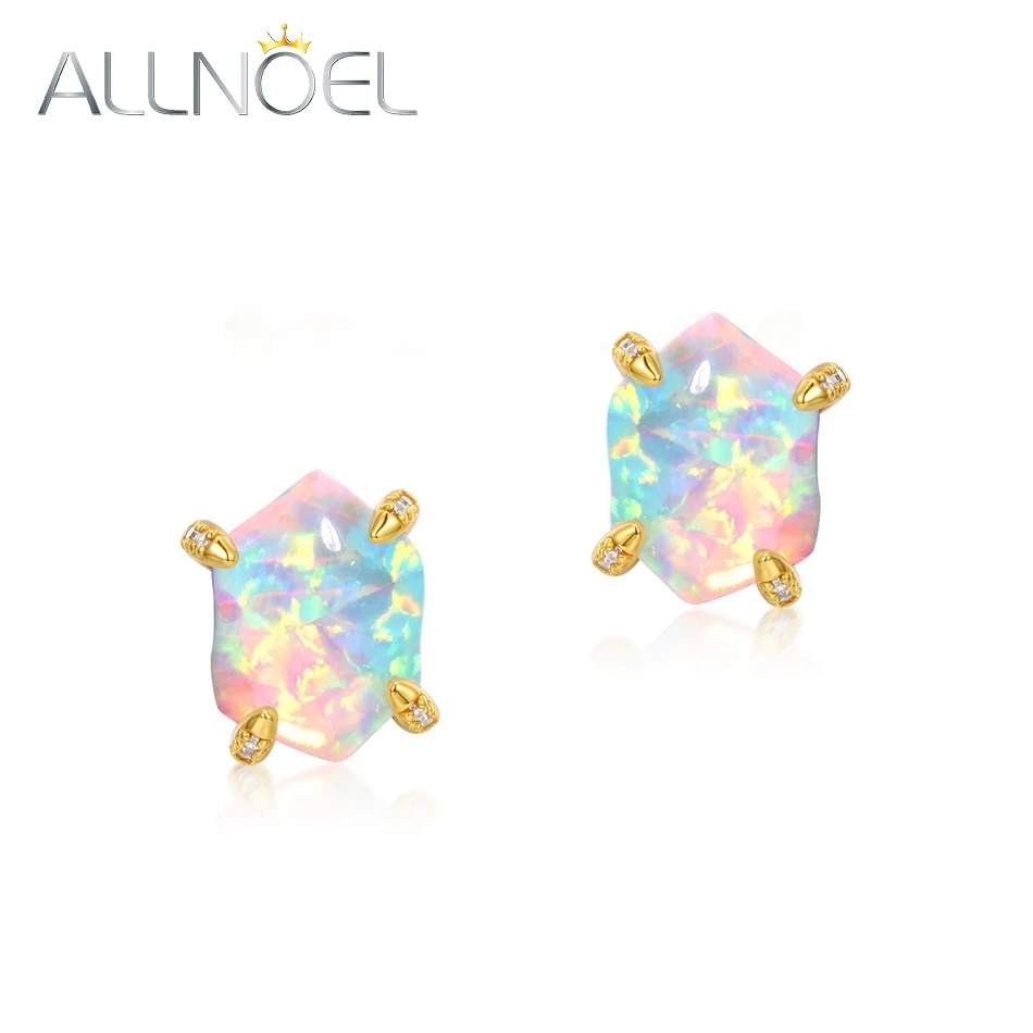 

ALLNOEL 925 Sterling Sliver Stud Earrings For Women Irregular Synthetic Opal Gold Plated Unique Birthday Gifts Jewelry