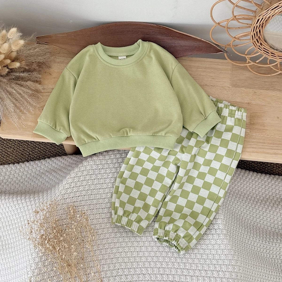 Frühling/Herbst Baby-Set 0-3 Jahre Kapuzenpullover Einfarbiges Oberteil+Karierte Hose Bequemes Stylisches Baby-Outfit für den Herbst – Detail 6