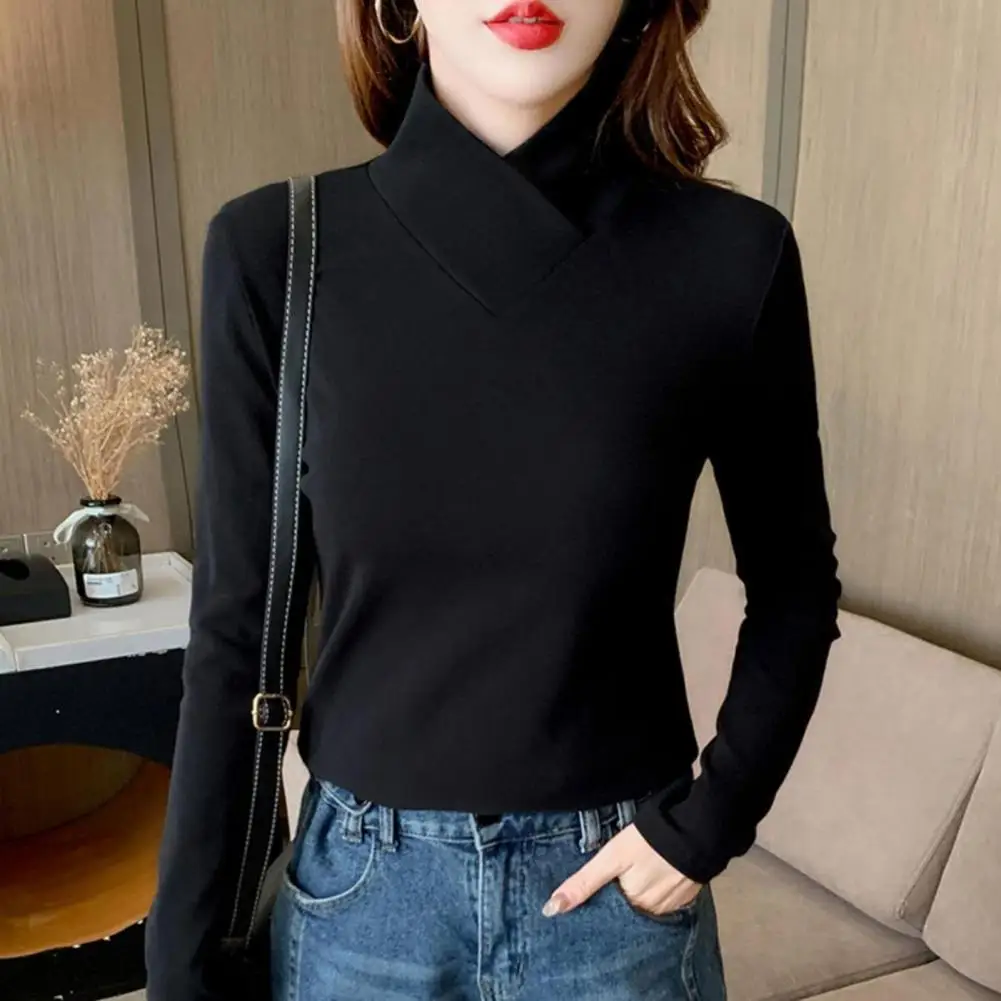 Women Bottoming Blouse Double Sided Fleece Thermal Top Cross V Neck Stand Collar Long Sleeve Slim Fit Bottoming Shirt Undershirt