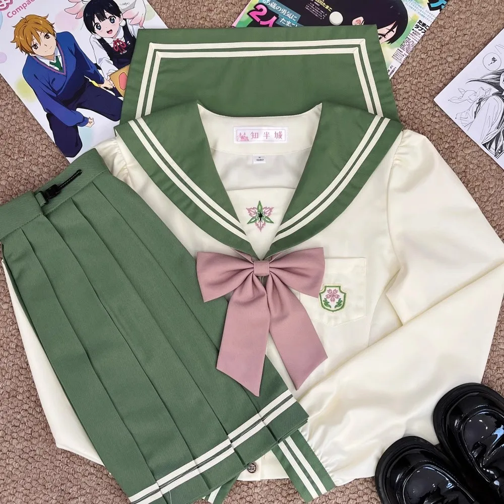일본 학교 제복 소녀 선원 복장 봄 녹색 선원 복장 기본 한국어 Jk 유니폼 세트 여성 긴 소매 Seifuku