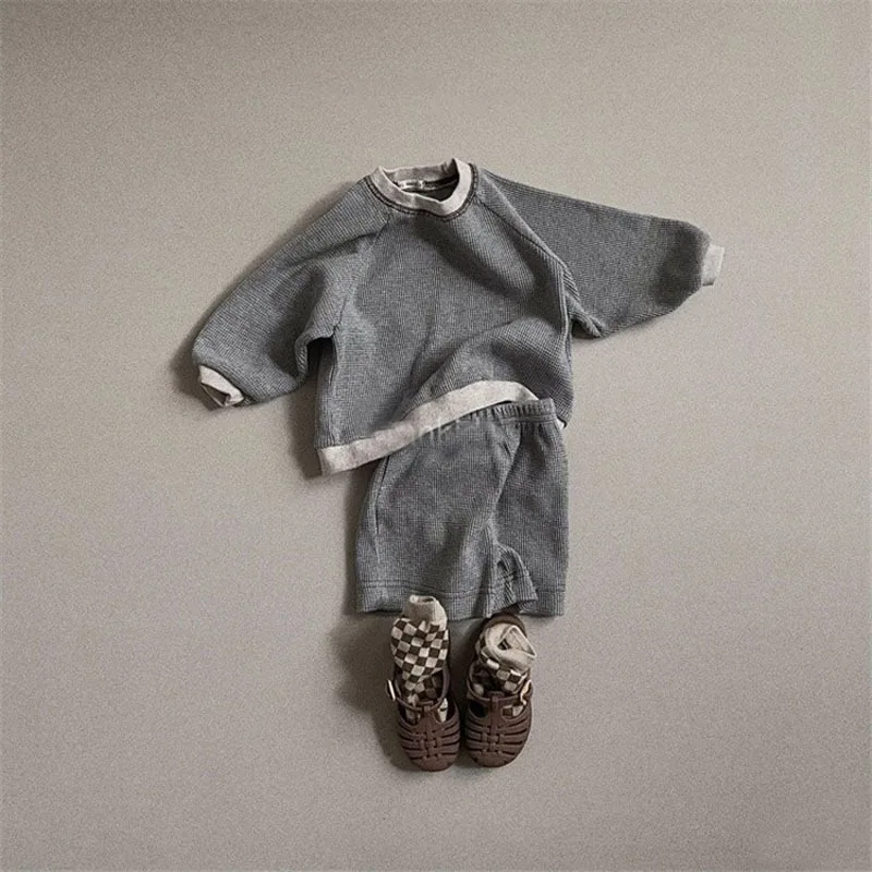 Autumn New Baby Long Sleeve Clothes Set Boys Girls Solid Waffle Tops + Shorts 2pcs Suit Infant Toddler Casual Sweatshirt Outfits