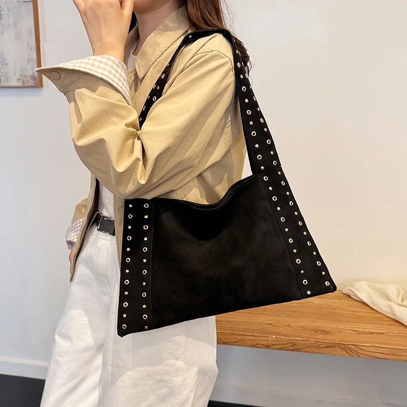 

Retro Suede Rivet Shoulder Bags PU Leather Handbag Large Work Purses Slouchy Locomotive for Women Travel Winter Fall
