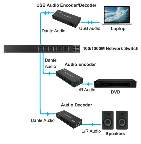 Dante Encoder and Decoder Kit 2CH Analog Audio Complete Analog to IP Audio System for Installation & Broadcasting Project