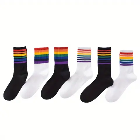 6 Pairs of Men's and Women's rainbow Striped Mid Tube Socks Comfortable and Breathable Men's and Women's Casual Sports Socks