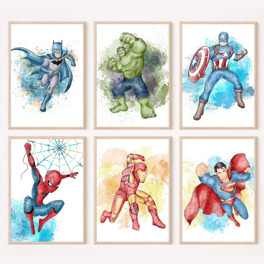 Póster de Spiderman de dibujos animados de Marvel de Disney, pintura en lienzo de Capitán América, Hulk, Iron Man, decoración para habitación de niños, impresiones artísticas de pared de superhéroe