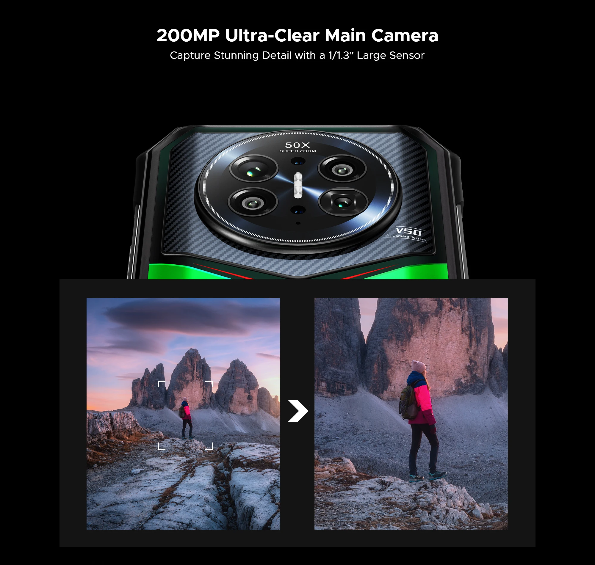 DOOGEE 5G V50 Flagship Rugged Smartphone, Dimensity 8300, 16GB+512GB, RGB Light, 200MP+20MP Night Vision+8MP Telephoto +8MP Wide Lens, Bluetooth Intercom, AI Features, 6.78" FHD 120Hz 550nit Screen, 66W, 11000mAh Silicon Carbon Battery, NFC, WiFi6E