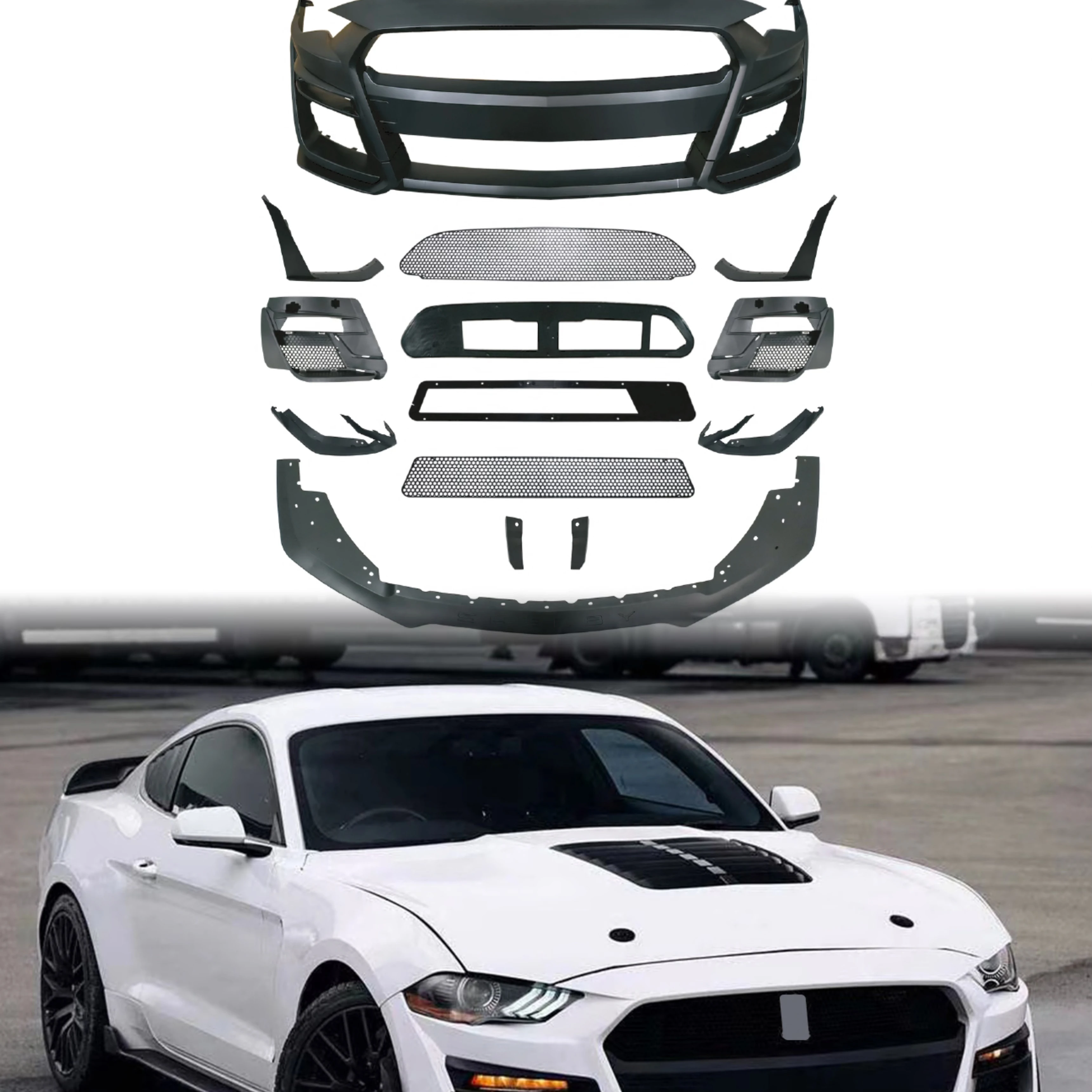 Auto Parts Bodykit Car Bumper Parts for Mustang 2018 - 2022 Upgrade to GT500 Style Front  Bumper Grille Side Skirt Rear Body Kit