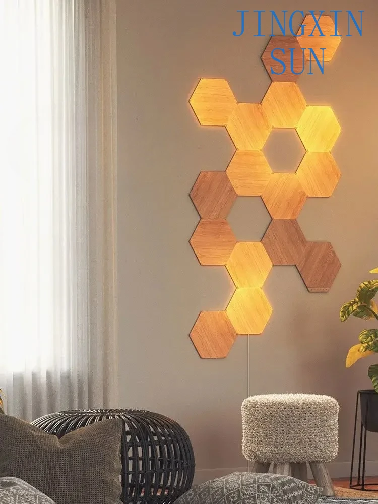 Nanoleaf strange light everything small honeycomb wood grain strange board LED light board dancing atmosphere lights.