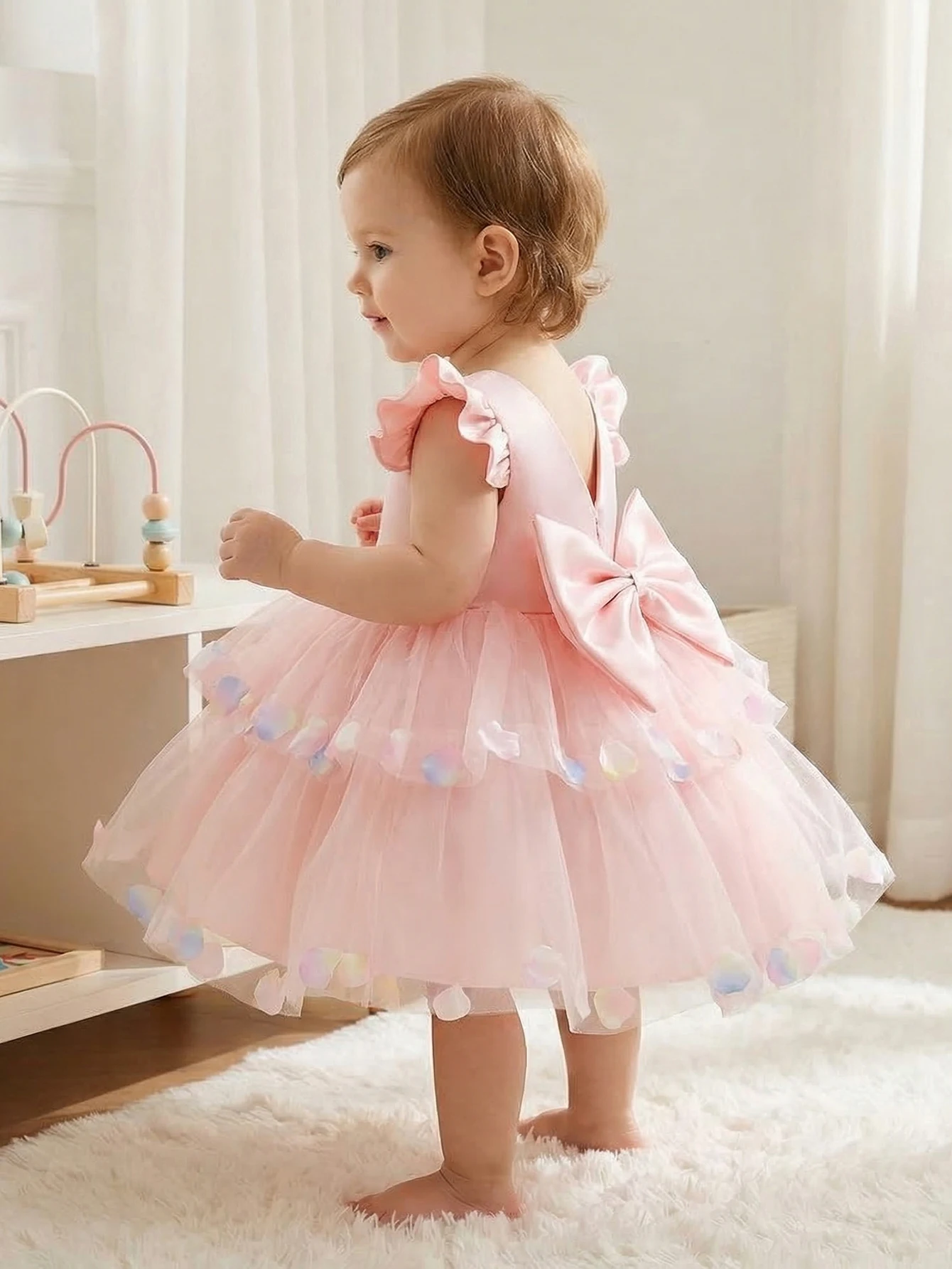 Baby Girls Bowknot Net Silk Pink Wedding Flower Child's Dress Flower Pattern Decorated Party Dress,Banquet,Formal Evening Gown