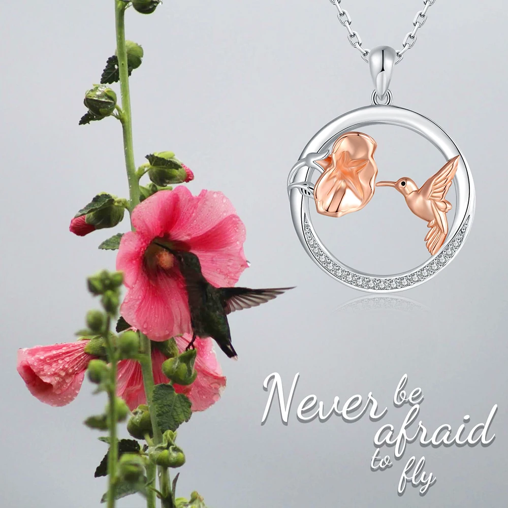 925 Sterling Silver Cute Animal Hummingbird Flower Pendant Necklaces Mothers Day Birthdays Jewelry Gifts for Wife Girlfriend Mom