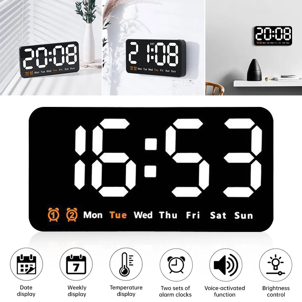 Electronic Digital Wall Clock Temperature Date Display Table Clock Wall-mounted Digital LED Alarm Clocks 12/24H Dual Alarm