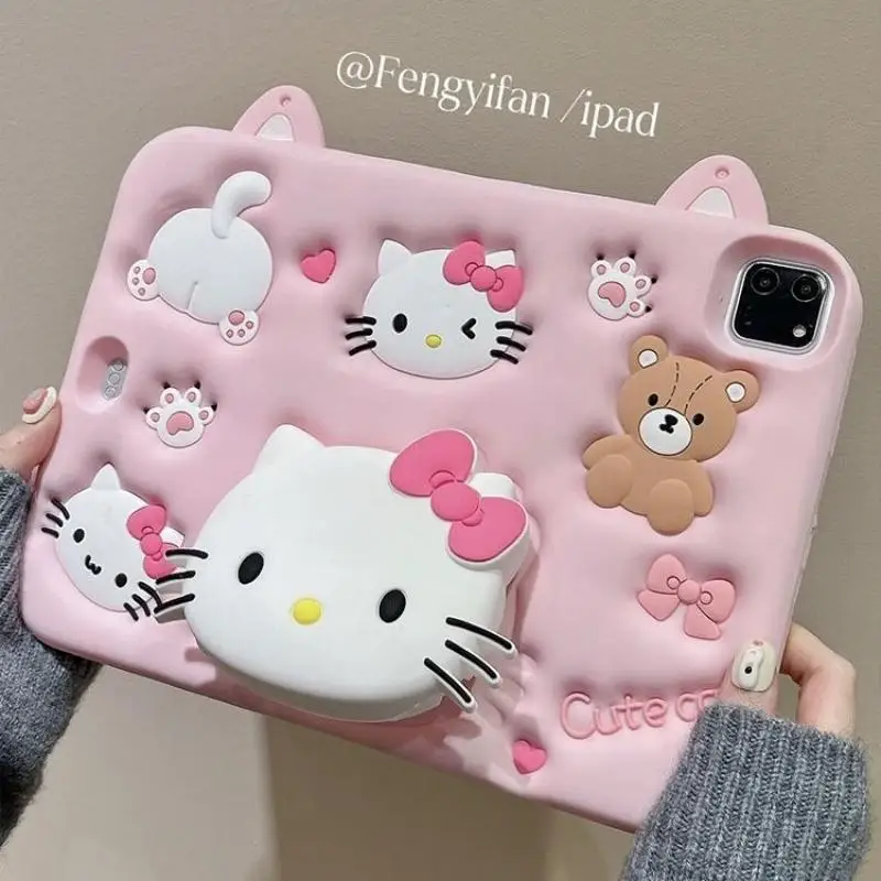 Kawaii Sanrio Hello Kitty IPad Case Cute Cartoon Silica Gel Anti Bending Lazy Stand Air4 5 Mini6 10.2 Inch Ipad Cases Girl Gifts