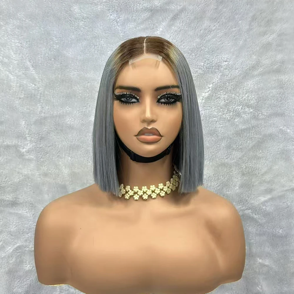 العظام مستقيم قصير بوب الشعر البشري البرازيلي الشعر الخام العظام مستقيم بوب شعر مستعار 2x6 الدانتيل إغلاق اللون الباروكات للنساء #2