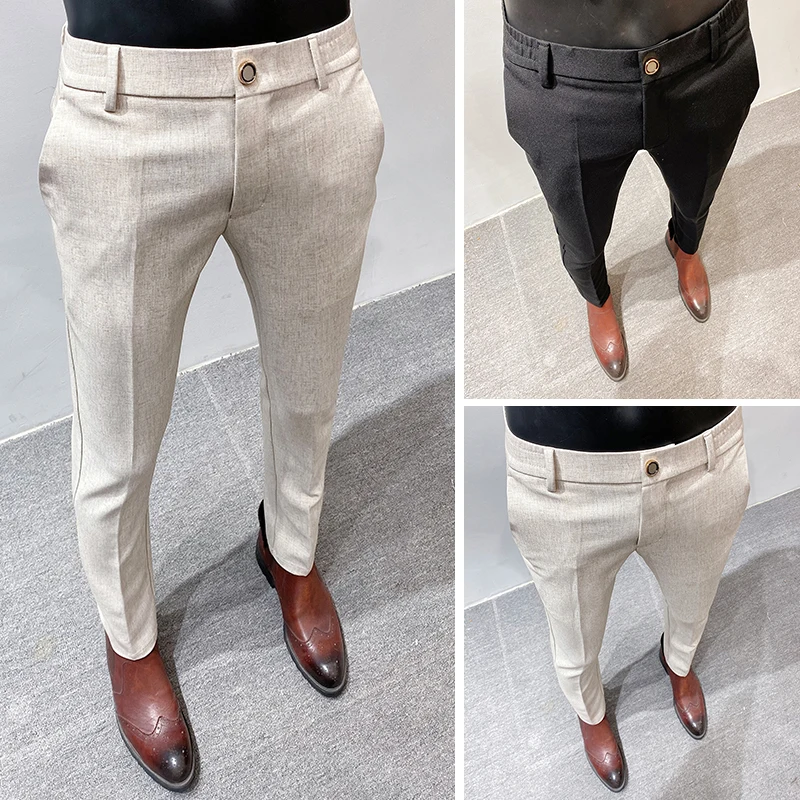 Men\'s High Quality Linen Suit Trousers Male Slim Fit Solid Color Business Casual Pants Formal Office Social Trouser Plus Size 38