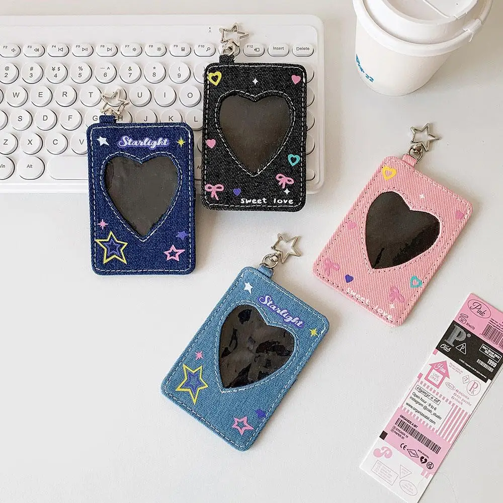 Sweet Heart Idol Photo Card Storage Card Holders Headshot Protective Cover Pendant Denim Id Card Holder Case For School Office