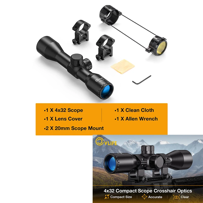 

CVLIFE 4x32 Compact Rifle Scope Crosshair Optics Riflescope Compact Sights with 20mm Mount for Picatinny Rail Hunting Outdoor