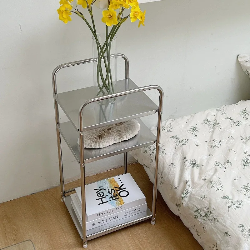 Nordic Style Sofa Side Table Room Bedside Table Double-layer Home Stainless Steel Storage Rack Home Decoration Furniture