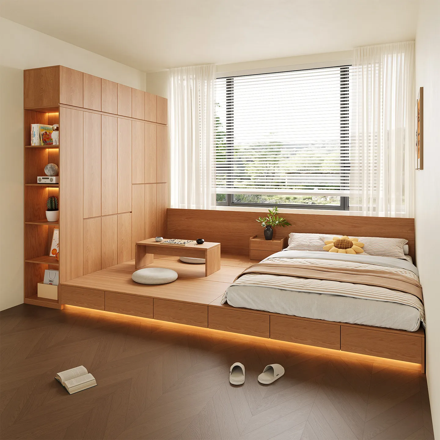 Tatami solid wood modern simple wardrobe low integrated storage drawer floor bed wardrobe combination