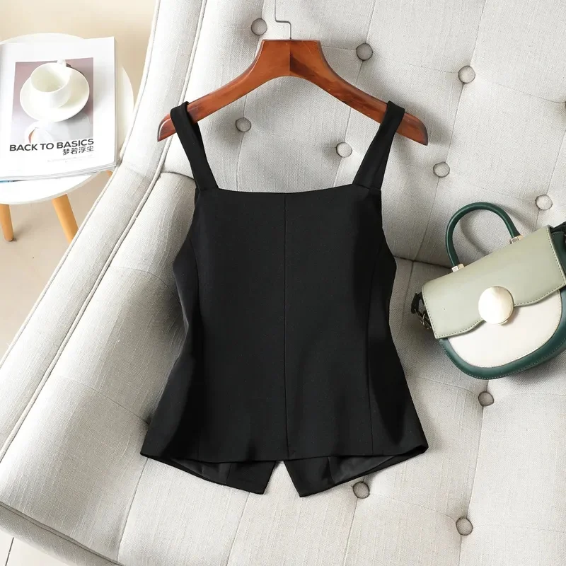 Korean 2024New Women\'s Blazer High End Casual Vest Waistcoat Female Commuting Slimming Collar Less Sleeveless Sling Short Jacket