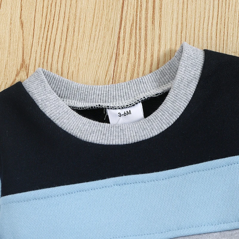 신생아 가을 겨울 캐주얼 의상, 대비 색상 라운드 넥 긴 소매 맨투맨 긴 바지, 유아 소년 소녀, 3-24 개월