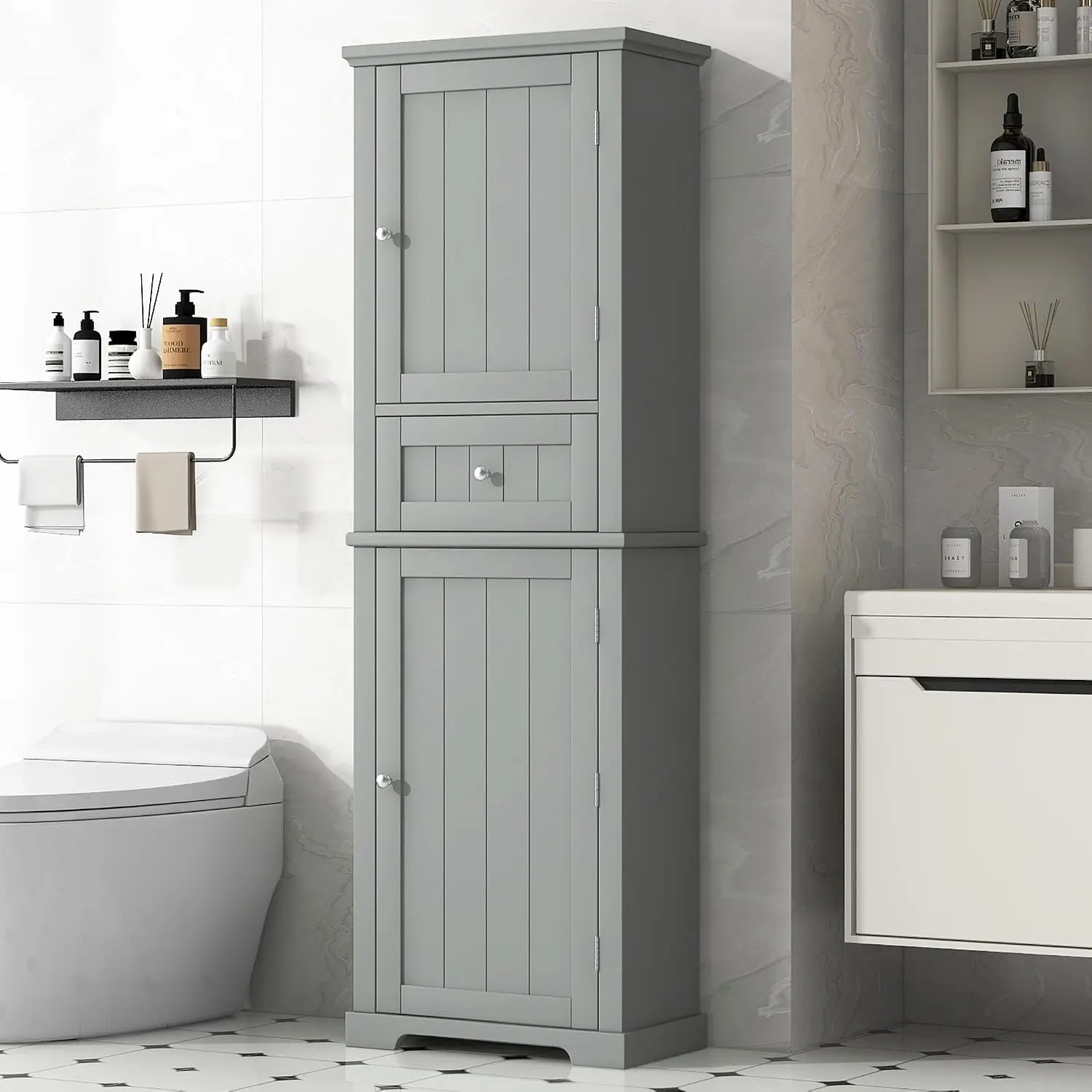 Tall Bathroom Storage Cabinet Freestanding MDF with Drawer & Adjustable Shelf Anti-Toppling Device Gray Finish, Customized