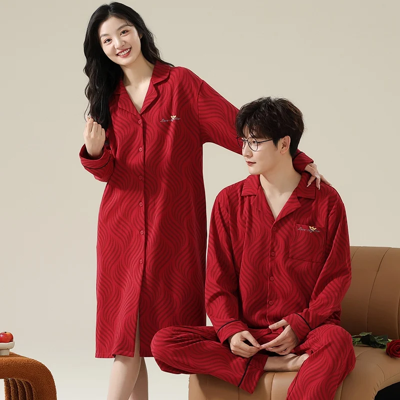 2024 Spring Couple Long Sleeve Cotton Pajama Sets for Men Chinese Red Sleepwear Pyjama Homewear Women Nightdress Home Clothes