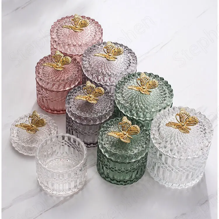 Gold Butterfly Embellished Glass Bottle Nordic Modern Crystal Cosmetic Containers Dressing Table Jewelry Necklace Jars with Lid