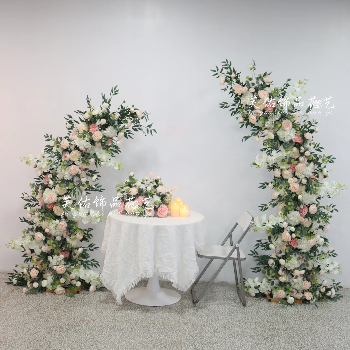 Wedding and birthday scene decorations, ox horn arch floral sets, realistic silk flower stage welcome background photography