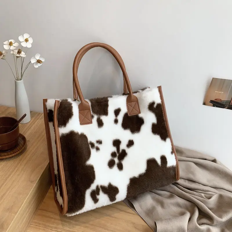 New Women Soft Plush Hand Bag New Winter Leopard Cow Print Tote Bags Female Pu Leather Underarm Bags Furry Fluffy Shoulder Bag