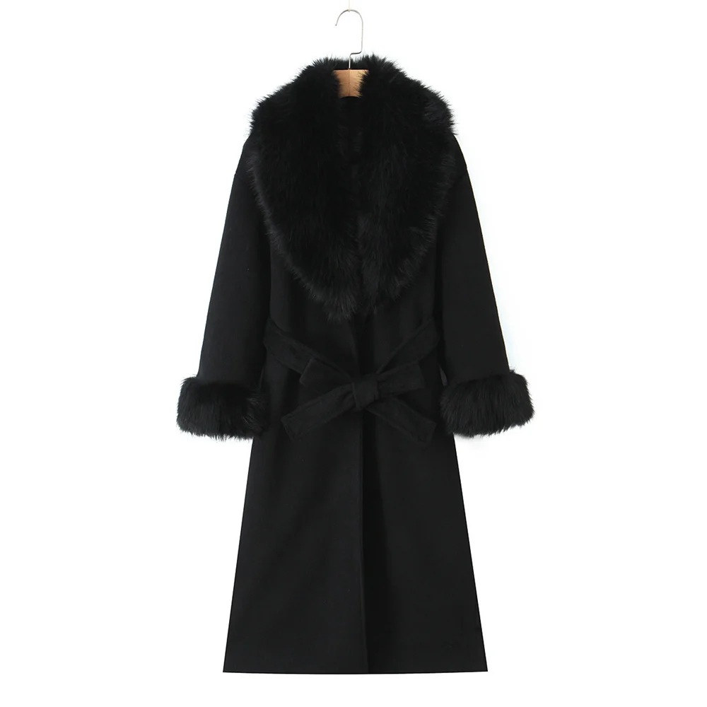 

New autumn and winter women's clothing European and American fur collar waist belt woolen coat long jacket