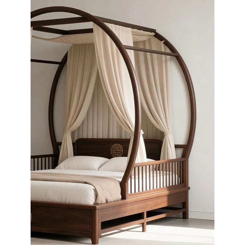 Round minimalist, zen frame bed, new Chinese style, North American black walnut, solid wood four-poster bed