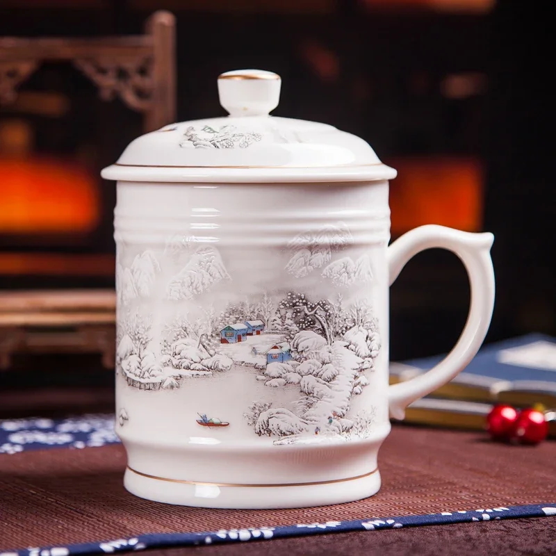 900-ミリリットル中国の伝統的な茶カップ蓋付きセラミック青と白の磁器オフィス大容量水ミルクコーヒーマグティーカップ