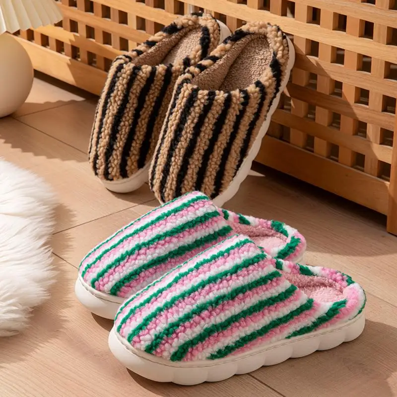 Modische Plüsch-Streifen-Hausschuhe für Damen Herbst Winter 2026 Dicke Plattform Baumwoll-Pantoffeln Warme Flauschige Rutschfeste Schuhe – Detail 3