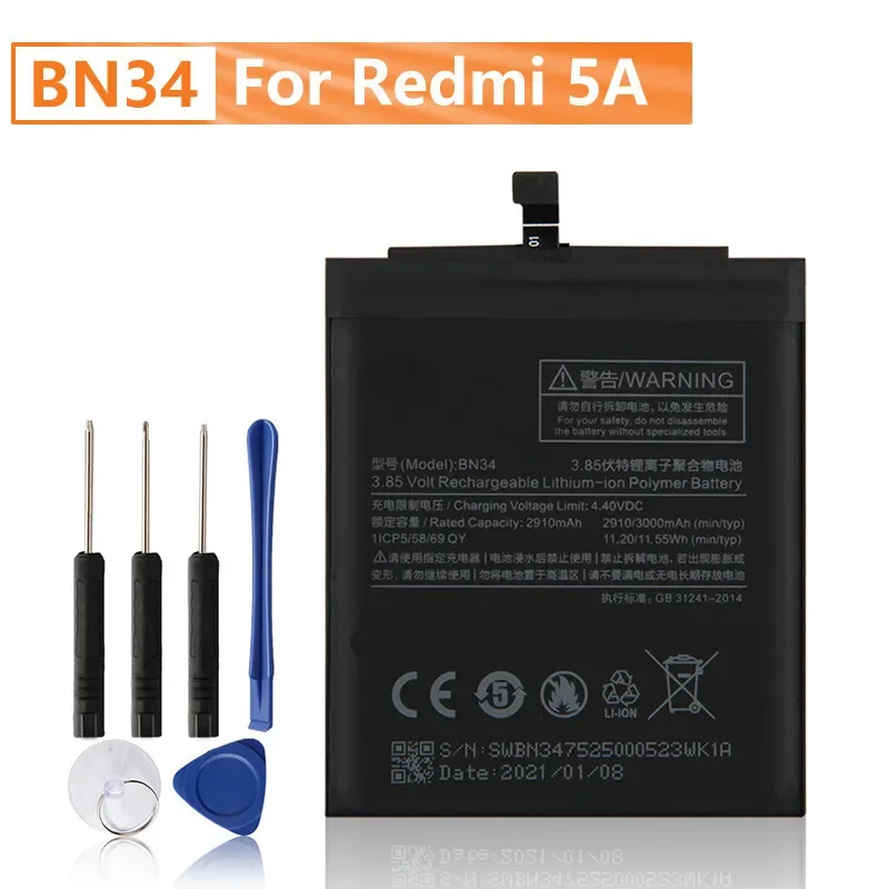 Replacement Phone Battery BN34 For Xiaomi Redmi 5A Redrice 5A 3000mAh With Free Tools