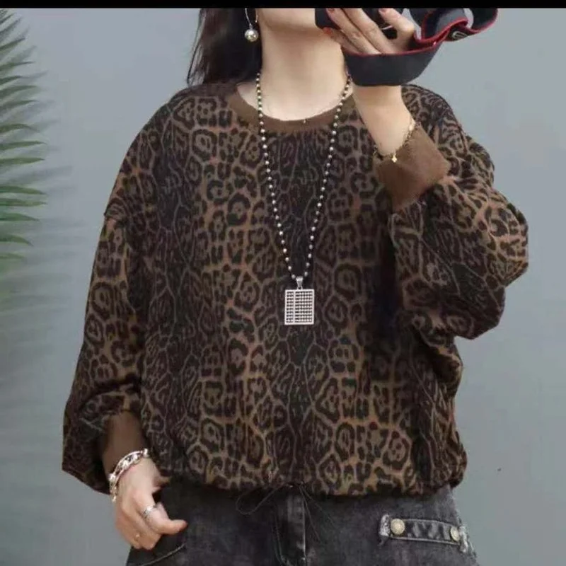 Crop Sweatshirts Women Vintage Leopard O-neck Loose Classic Feminino Basic Autumn Clothing Popular Aesthetic Trendy Draw String