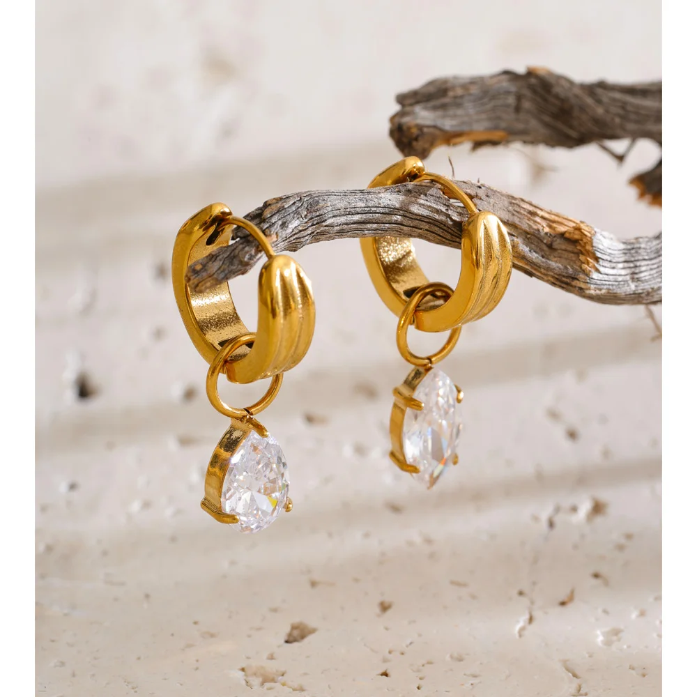 Yhpup Stainless Steel Cubic Zirconia Teardrop Asymmetrical Drop Hoop Earrings Cast Trendy Temperament Prom Jewelry for Women
