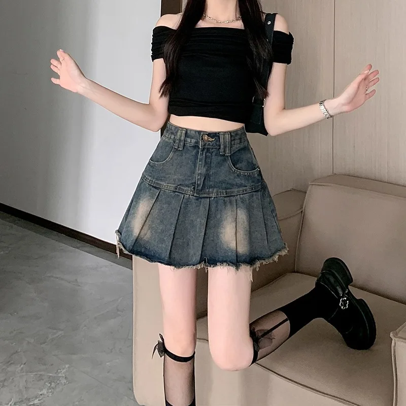 GG Summer Women Y2k High Waist Mini Skirts Girls Korean A Line Denim Pleated DressFemale Fashion Punk Blue Harajuku Jeans Skirts