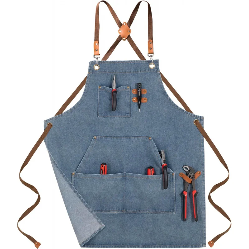 

Denim Bbq Apron for Men Women with Pockets Adjustable Cross Back Chef Aprons for Kitchen Cooking Grilling Working
