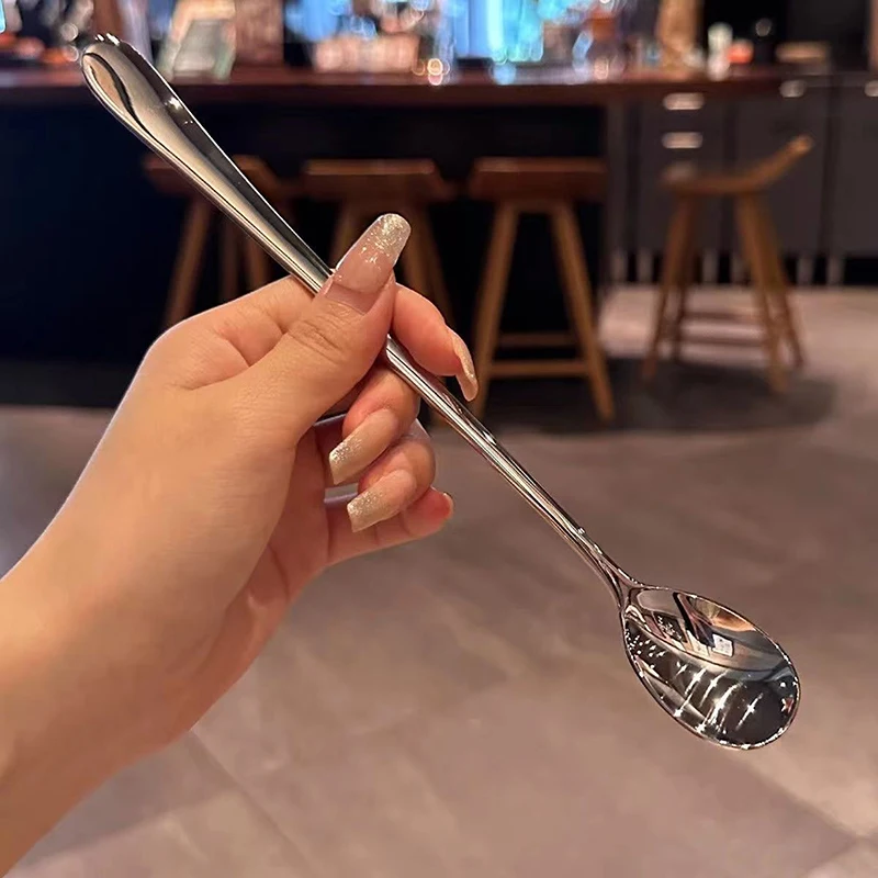 20cm Stainless Steel Round Spoon Sliver Dinner Long Handle Coffee Stirring Honey Dessert Spoon Kitchen Accessories