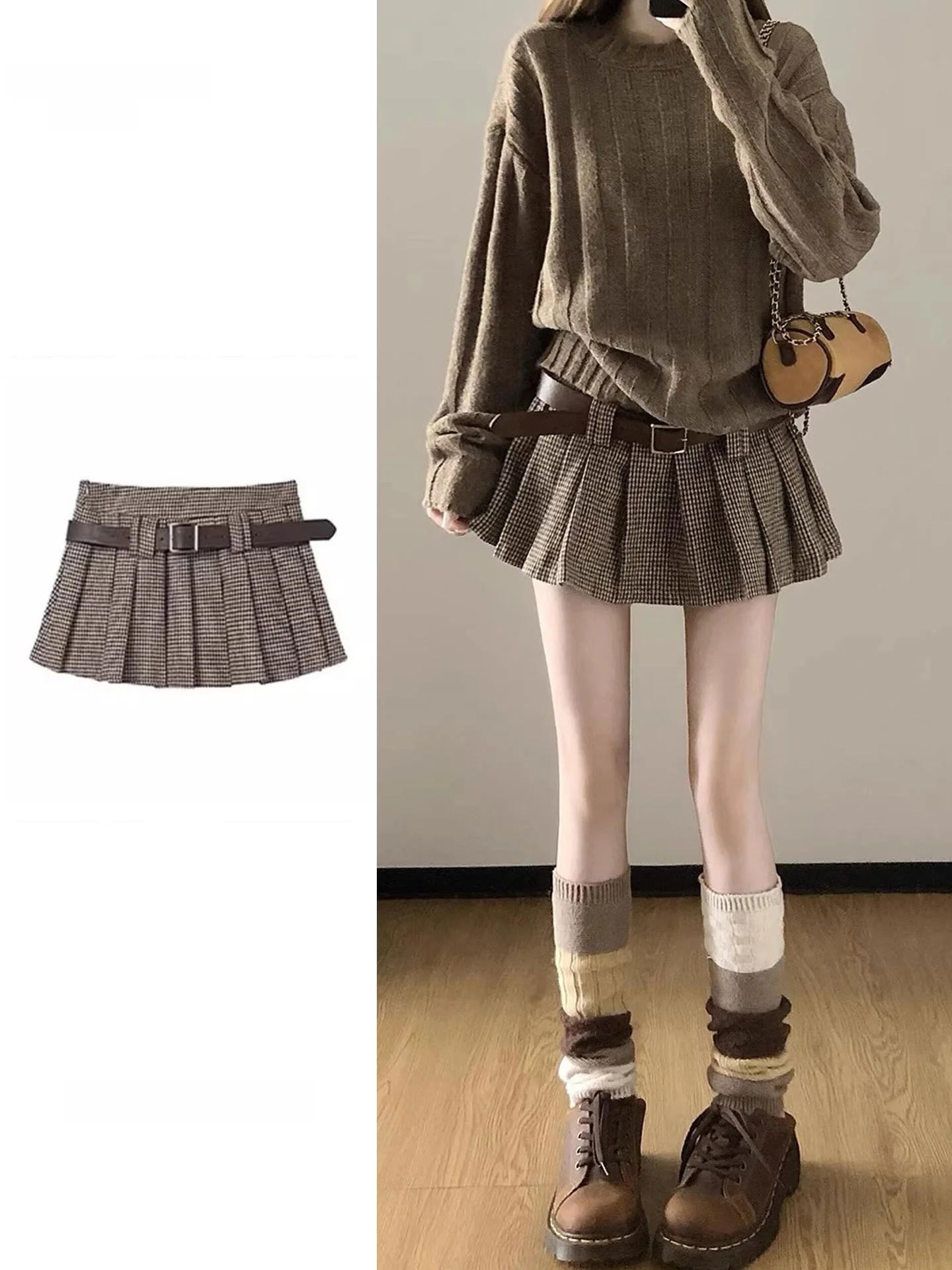 Retro American Plaid A-Line  Skirt Women's Autumn Winter Woolen Pleated Skirt Low Waist Short Skirt Half Body Skirt