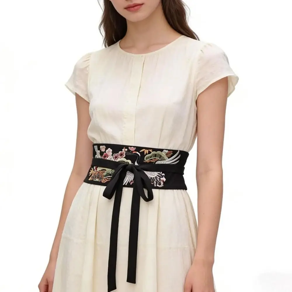Embroidered Embroidered Waistband Crane Phoenix Wide Width Chinese Style Belt Tie Wrap Style Flower Pattern Dress Girdle