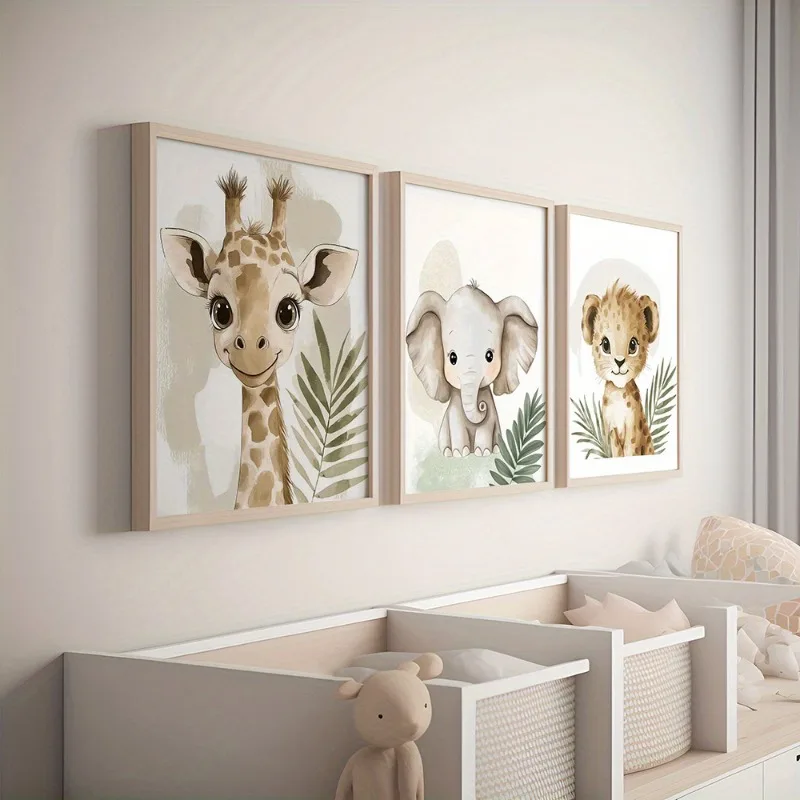 Conjunto de impressões em tela de animais safari e selva, 3 peças, arte de parede sem moldura para berçário, sala de estar, decoração de quarto, decoração de quarto safari