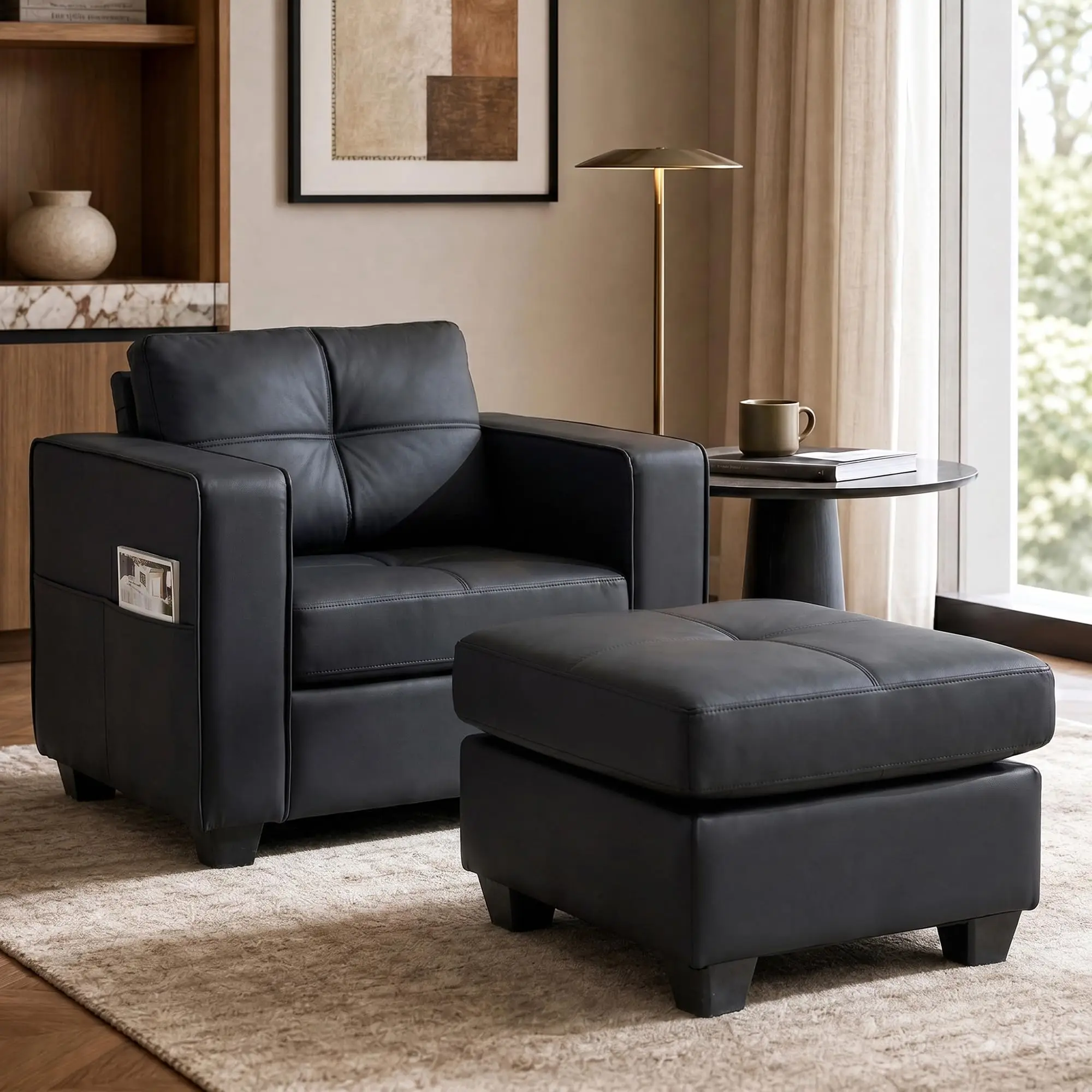 Oversized Accent Chair with Ottoman, Chaise Lounge for Living Room | Leather Chaise Lounge Chair, Wide Armchair with