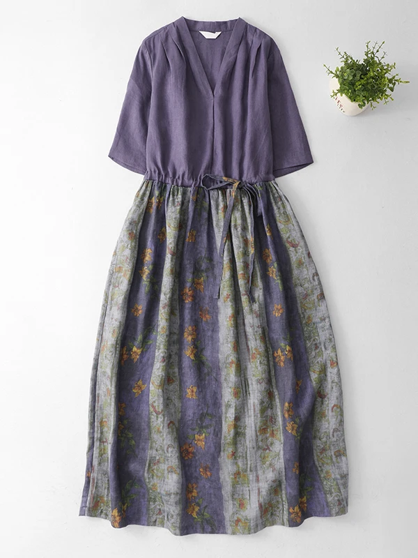 

Artistic Linen Patchwork Floral Dress Purple V-neck Waist-cinching Slimming Long Dress Elegant Casual Loose Fit Short Sleeve