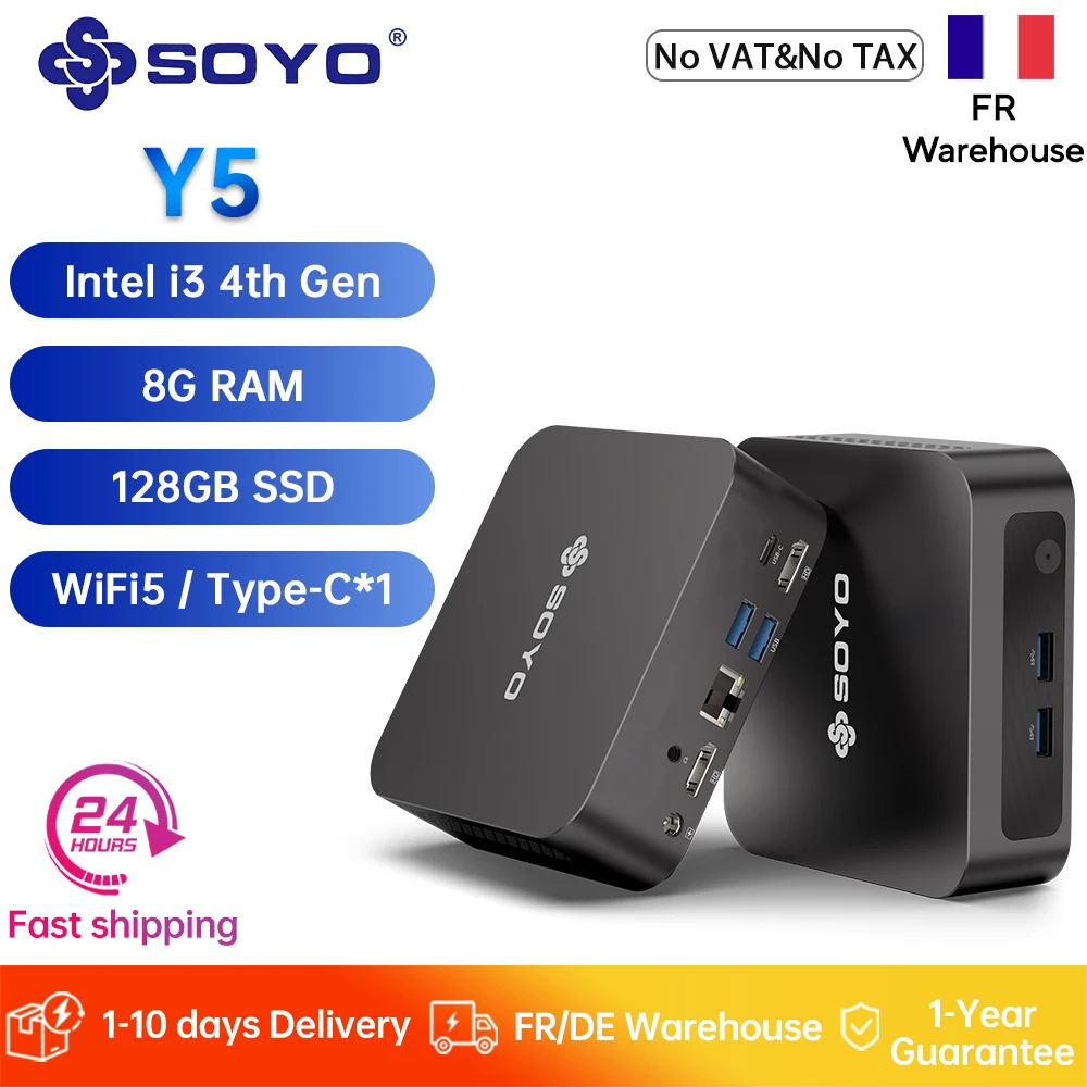 Mini PC SOYO Y5 con 8G de RAM, 128G de SSD ROM, CPU Intel Core i3 de 4ª generación, Mini Ordenadores con HD*2, Pantalla Dual 4K, Tipo-C/WiFi 5/BT, Mini PC de Escritorio
