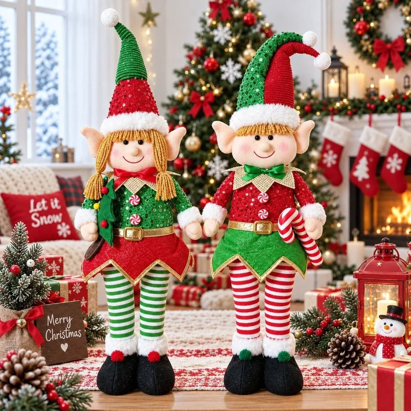 Extendable Big Christmas Elf Doll with Lights Christmas Decor Standing Doll Office Home Desk Hotel Display Ornaments Xmas Gifts