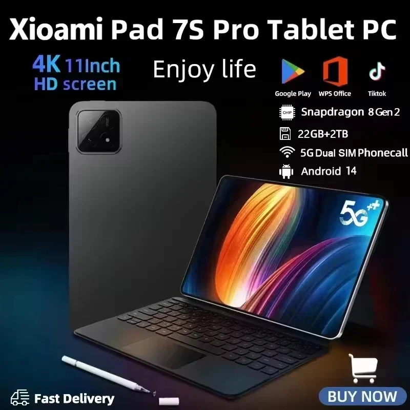 Android 14 NEW Original  Pad 7S Pro Tablet 11inch  22GB+2T 20000mAh 5G Dual SIM Bluetooth WiFi GPS WPS HD 4K Tablet PC